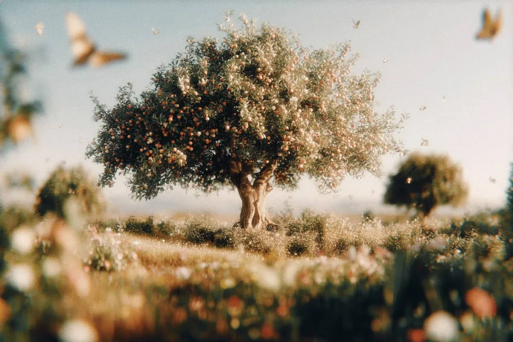 Large ancient apple tree in the middle of a meadow with glowing fruit.