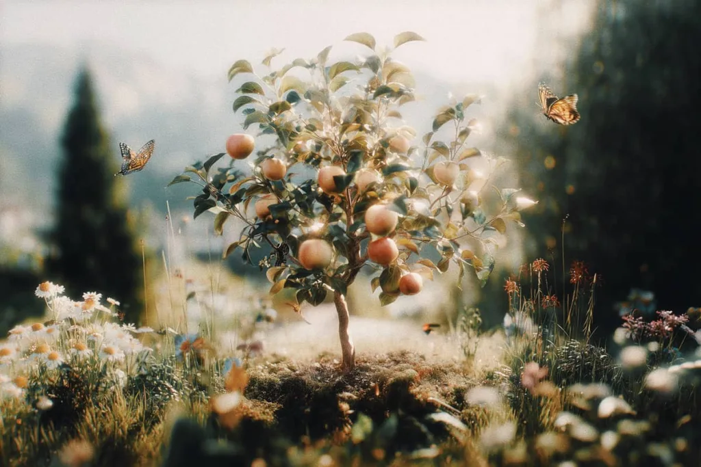 Young fruiting apple tree planted in the ground with butterflies flying around.