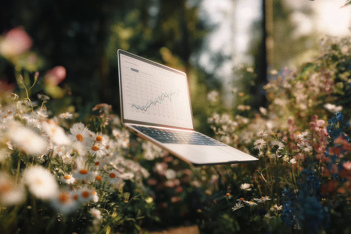 SEO consultant laptop with website analytics on screen magically floating in a garden.