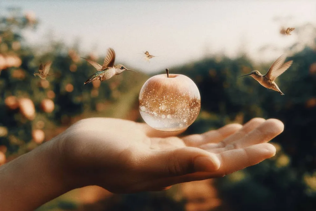 Hand holding a levitating magical apple that is sparkling with flying hummingbirds looking at it.