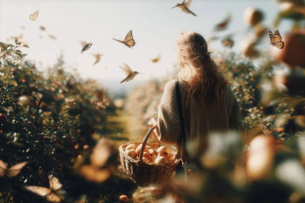 Person with long hair carrying a basket of apples walks into an orchard with hummingbirds and butterflies flying around.