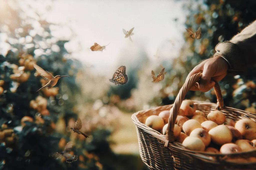 Hand holding a woven basket full of apples in an orchard with butterflies flying around.