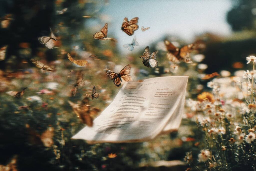 SEO roadmap floating in the air with butterflies around it in a garden filled with flowers